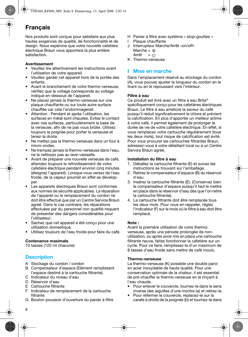 Français, Description, I mise en marche | Braun KF 600 User Manual | Page 8 / 52