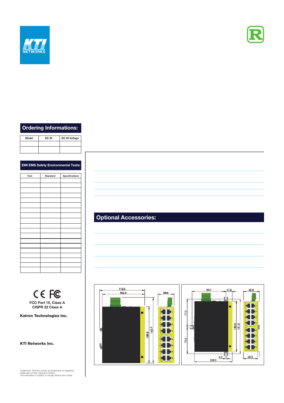 Optional accessories, Ordering informations | KTI Networks KS-SOHO-5 User Manual | Page 2 / 2