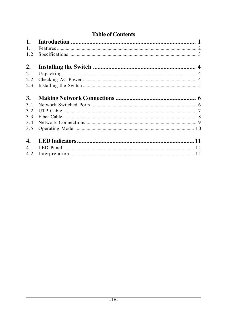 Table of contents 1. introduction, Installing the switch, Making network connections | Led indicators | KTI Networks KS-115F Series User Manual | Page 4 / 15