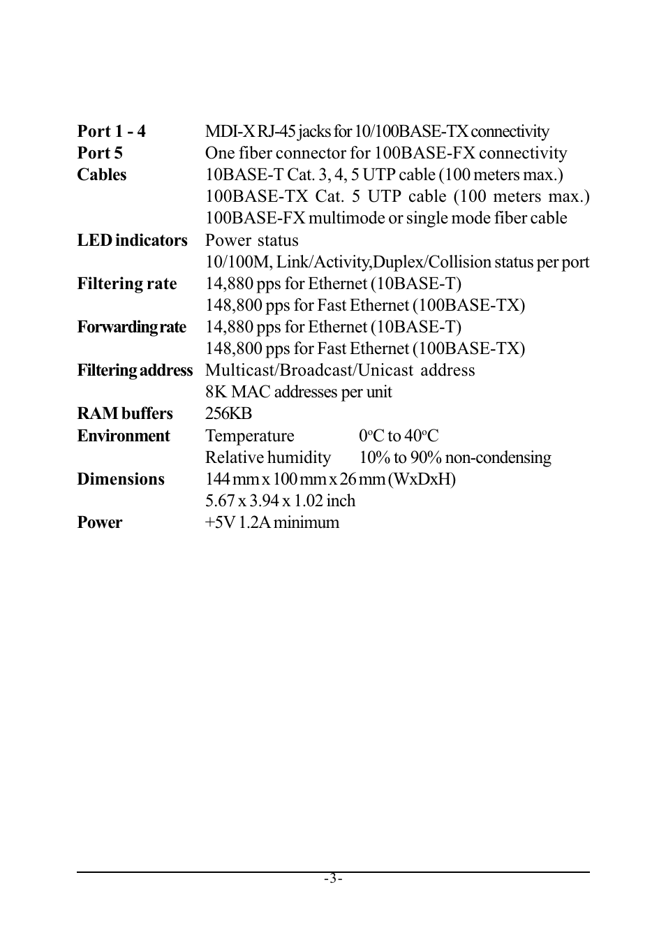 2 specifications | KTI Networks KS-115F Series User Manual | Page 7 / 15