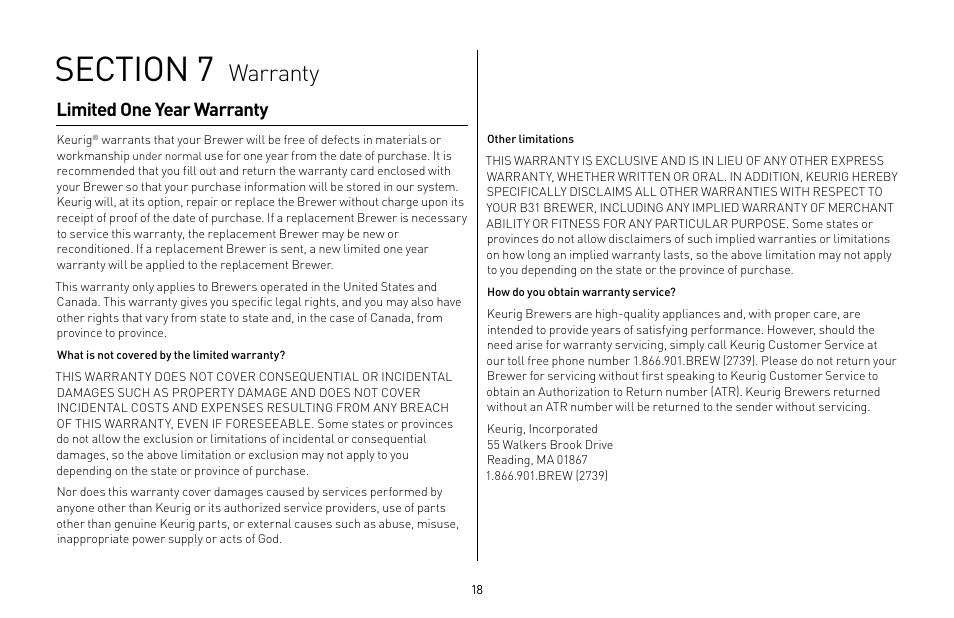 Warranty, Limited one year warranty | Keurig B31 Mini Plus User Manual | Page 18 / 19