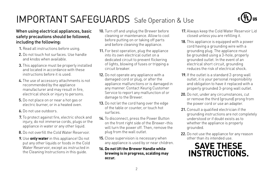 Important safeguards, Save these instructions, Safe operation & use | Keurig B31 Mini Plus User Manual | Page 2 / 19