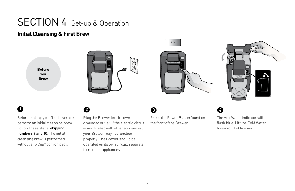 Set-up & operation, Initial cleansing & first brew | Keurig B31 Mini Plus User Manual | Page 8 / 19