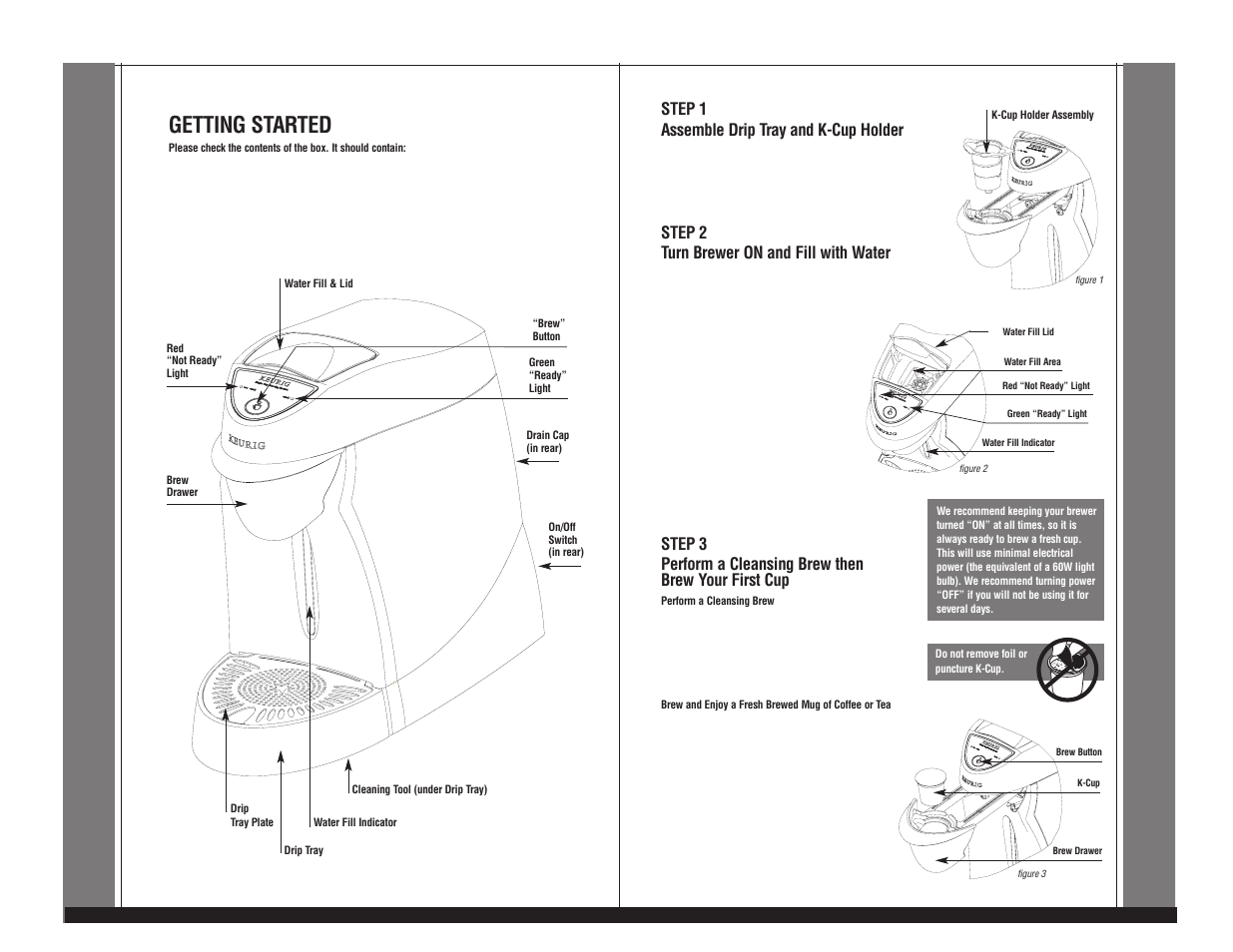 Getting started, Step 1 assemble drip tray and k-cup holder, Step 2 turn brewer on and fill with water | Keurig B100 User Manual | Page 2 / 2