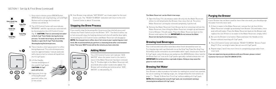 Stopping the brew process, Adding water, Brewing iced beverages | Brewing hot water, Purging the brewer, Set-up & first brew (continued) | Keurig B70 User Manual | Page 5 / 11