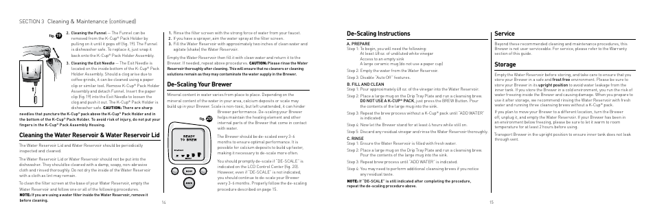 Cleaning the water reservoir & water reservoir lid, De-scaling your brewer, De-scaling instructions | Service, Storage, Cleaning & maintenance (continued) | Keurig B70 User Manual | Page 8 / 11