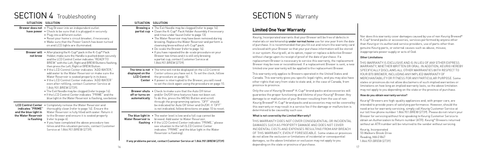 Warranty, Troubleshooting, Limited one year warranty | Keurig B70 User Manual | Page 9 / 11
