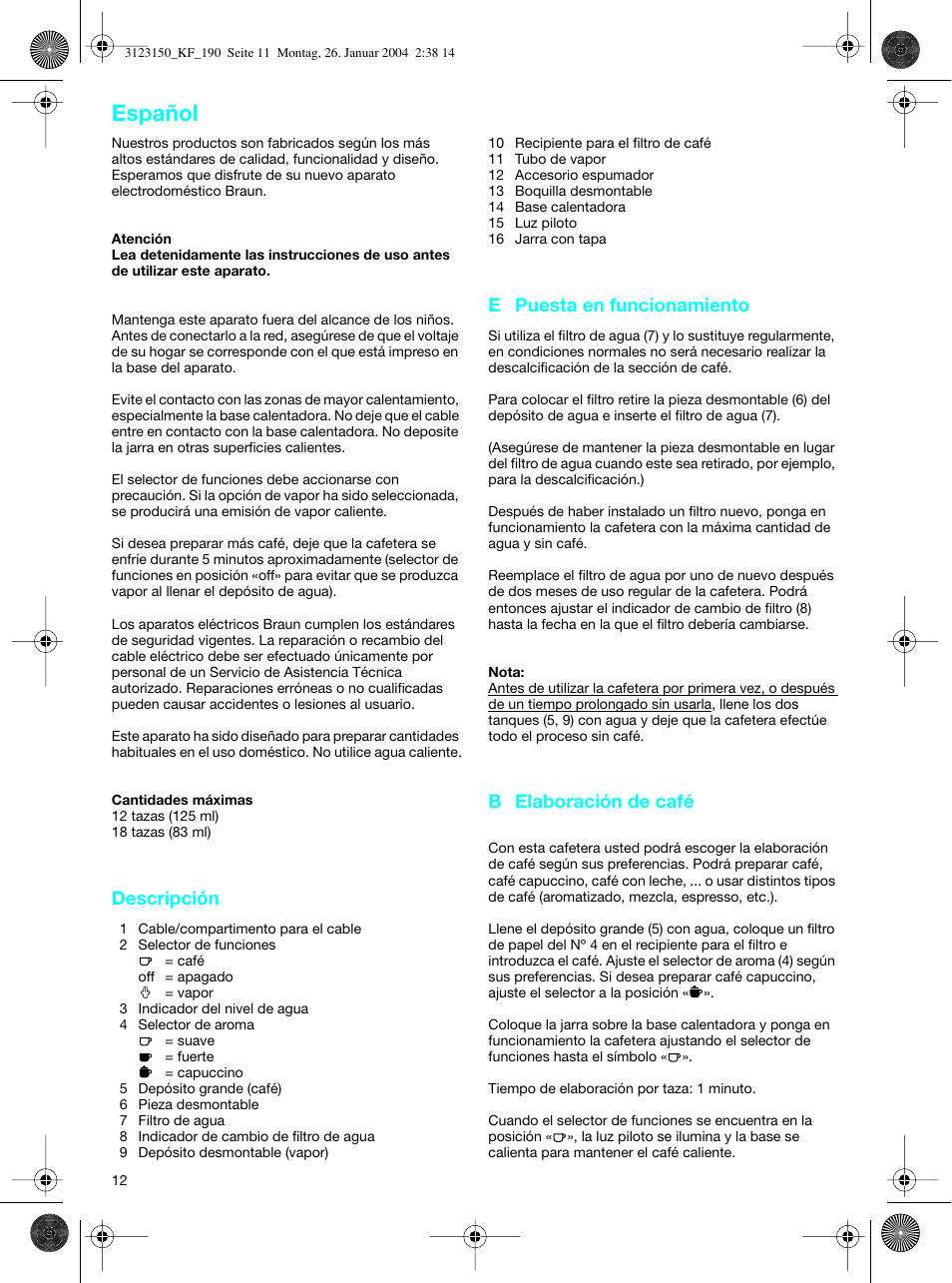 Español | Braun KF 190 User Manual | Page 11 / 40