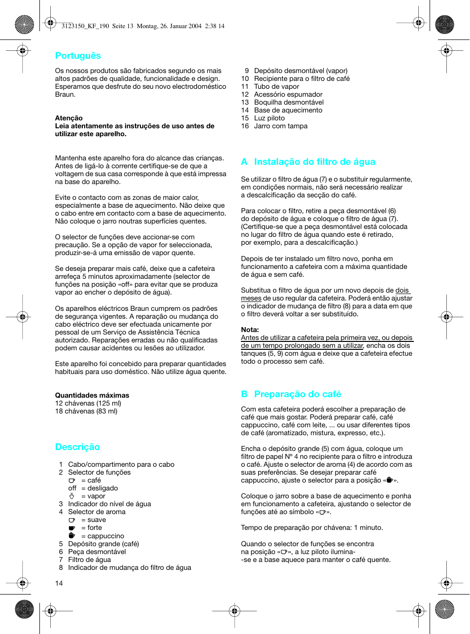 Português | Braun KF 190 User Manual | Page 13 / 40