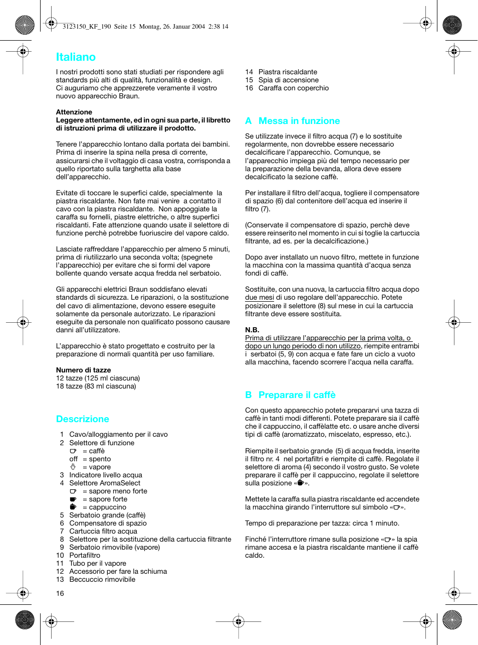 Italiano | Braun KF 190 User Manual | Page 15 / 40