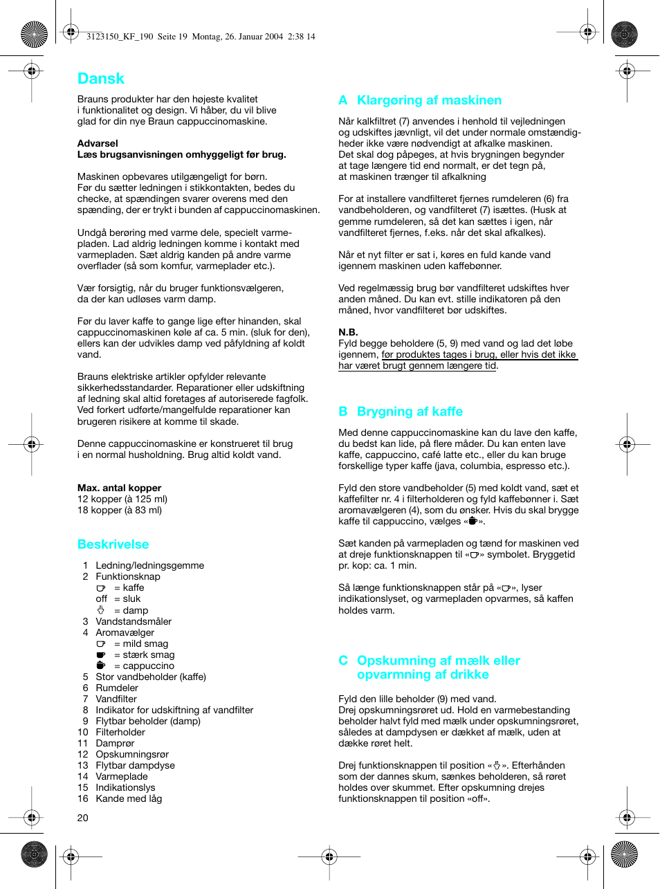 Dansk | Braun KF 190 User Manual | Page 19 / 40