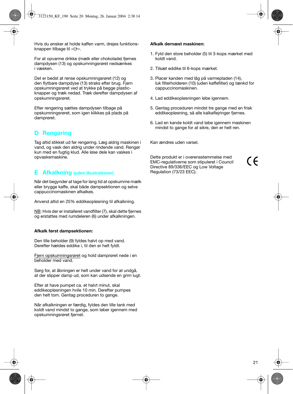 D rengøring, E afkalkning | Braun KF 190 User Manual | Page 20 / 40