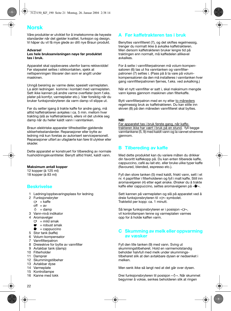 Norsk | Braun KF 190 User Manual | Page 21 / 40