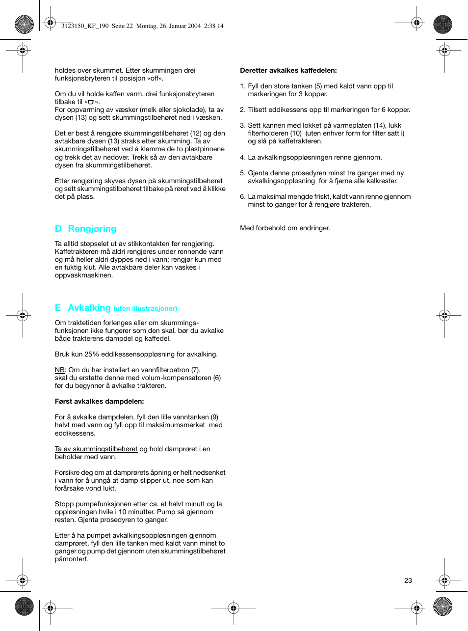 D rengjøring, E avkalking | Braun KF 190 User Manual | Page 22 / 40