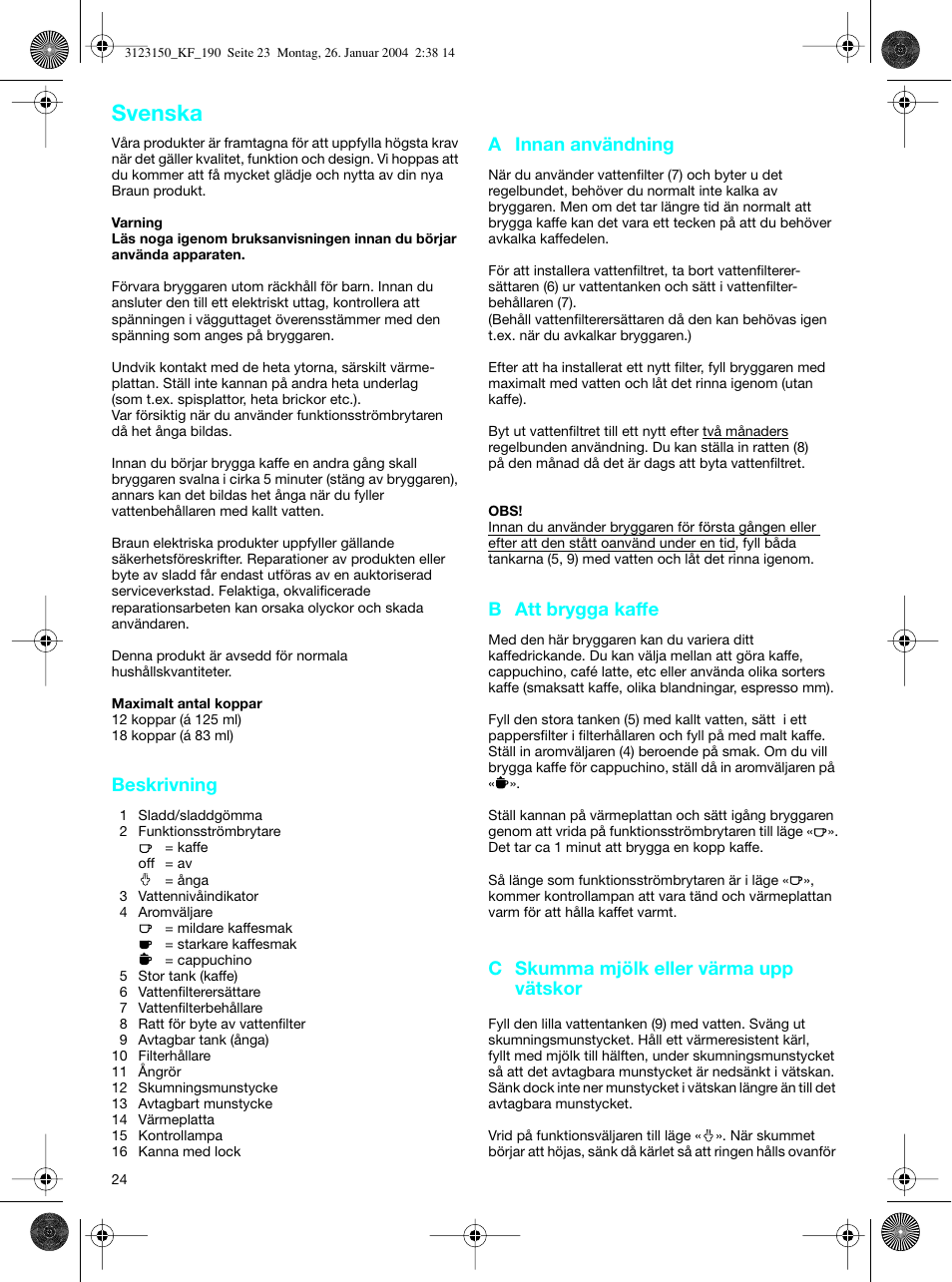 Svenska | Braun KF 190 User Manual | Page 23 / 40