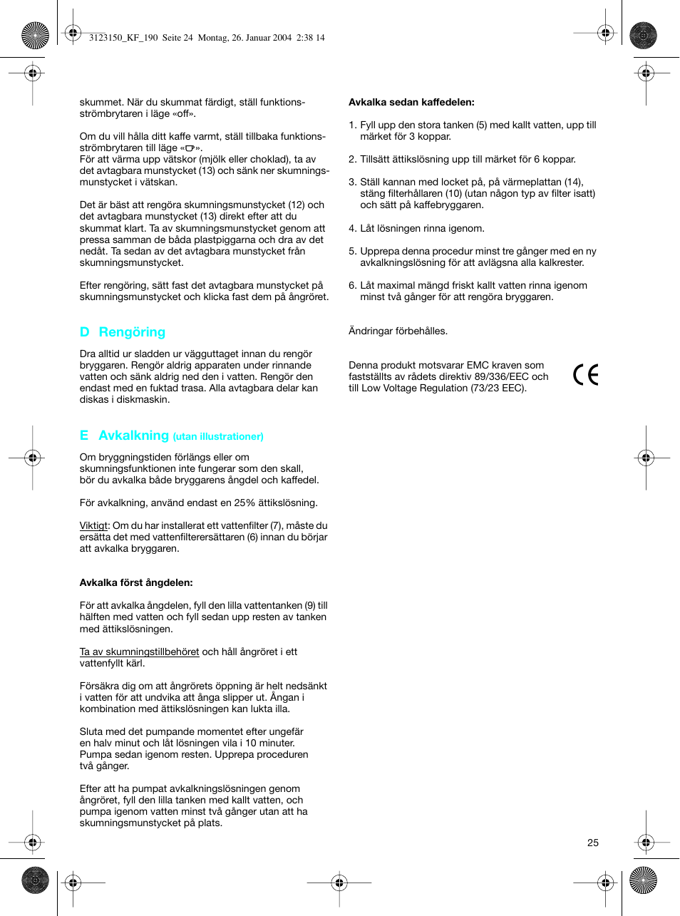 D rengöring, E avkalkning | Braun KF 190 User Manual | Page 24 / 40