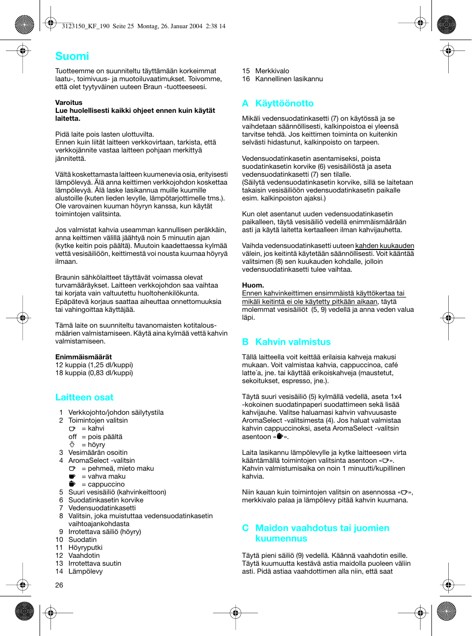 Suomi | Braun KF 190 User Manual | Page 25 / 40