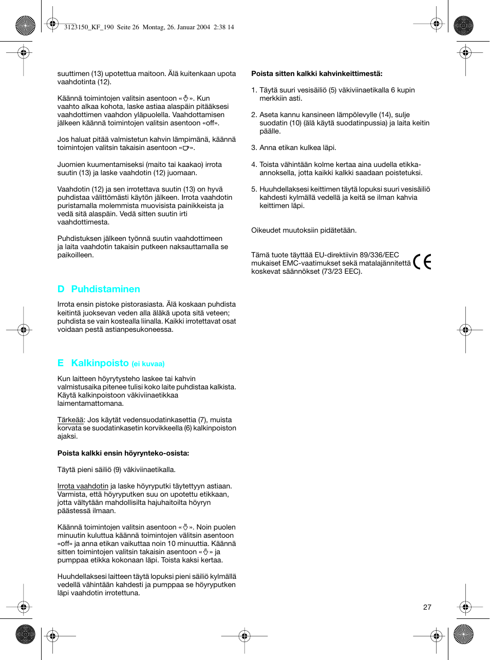 D puhdistaminen, E kalkinpoisto | Braun KF 190 User Manual | Page 26 / 40