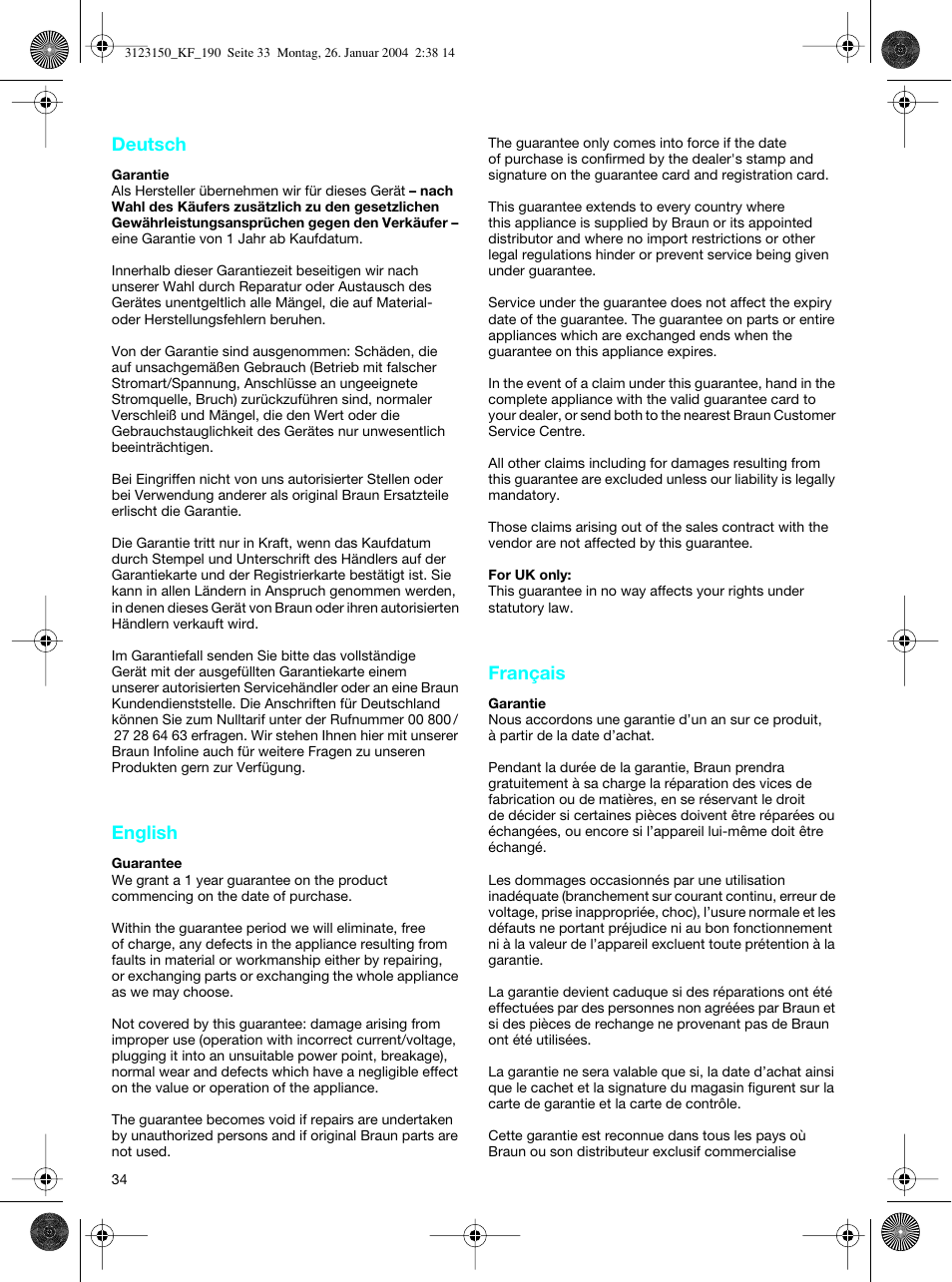 Deutsch, English, Français | Braun KF 190 User Manual | Page 33 / 40