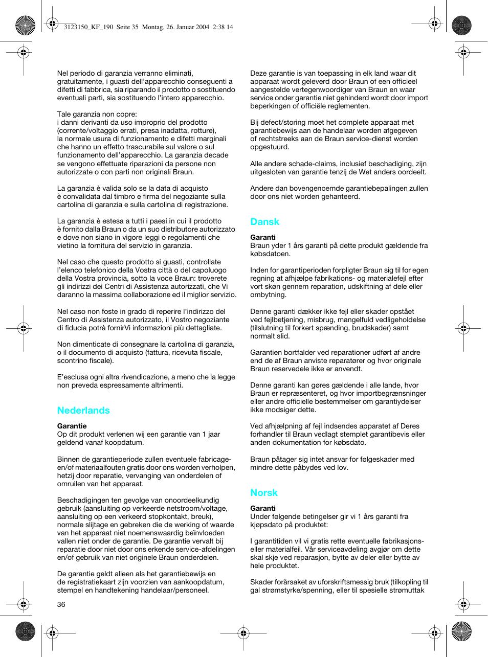 Nederlands, Dansk, Norsk | Braun KF 190 User Manual | Page 35 / 40