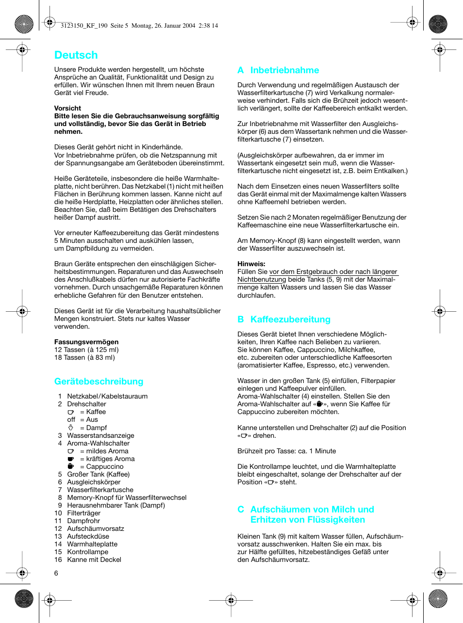 Deutsch | Braun KF 190 User Manual | Page 5 / 40