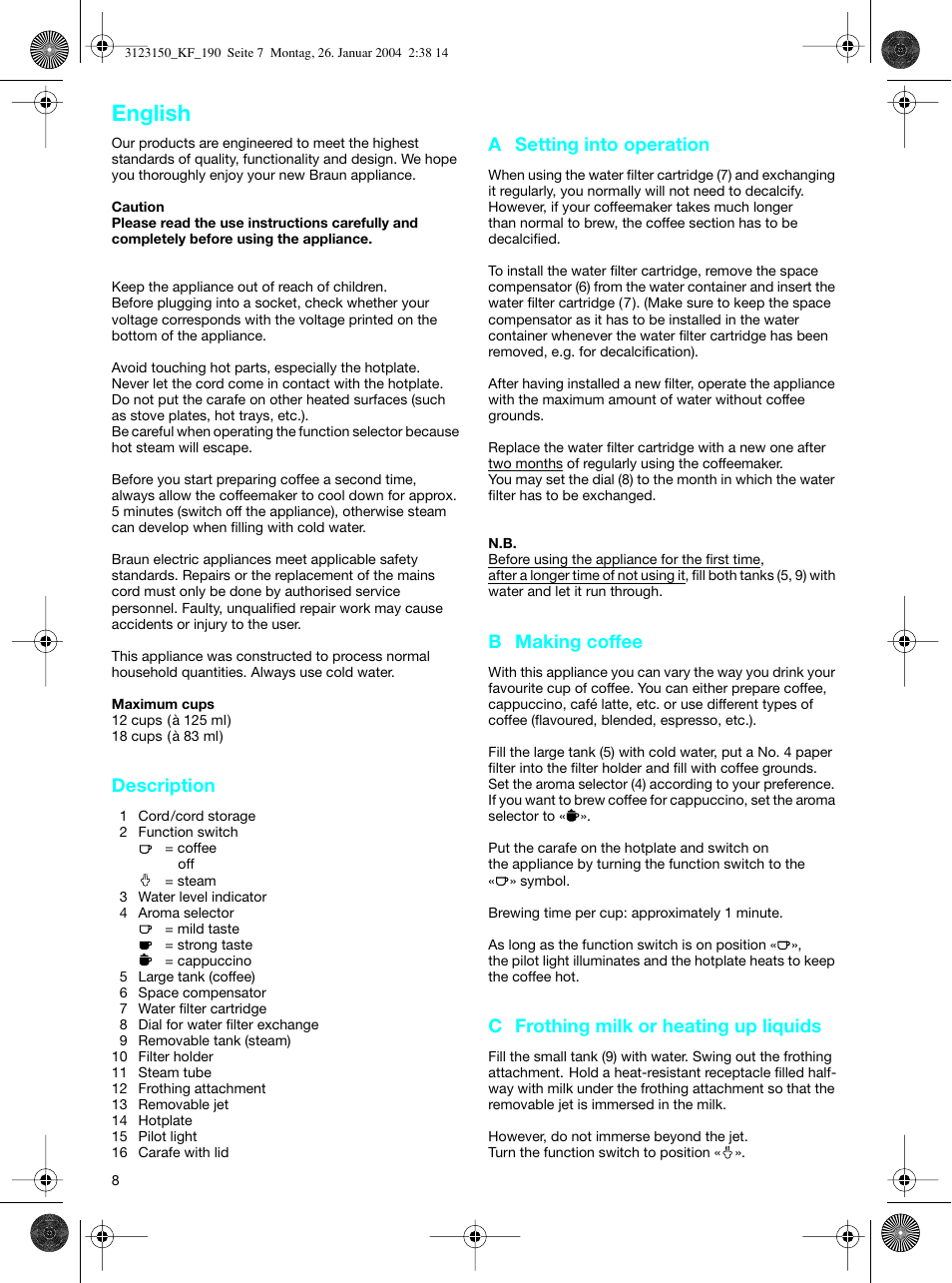 English | Braun KF 190 User Manual | Page 7 / 40