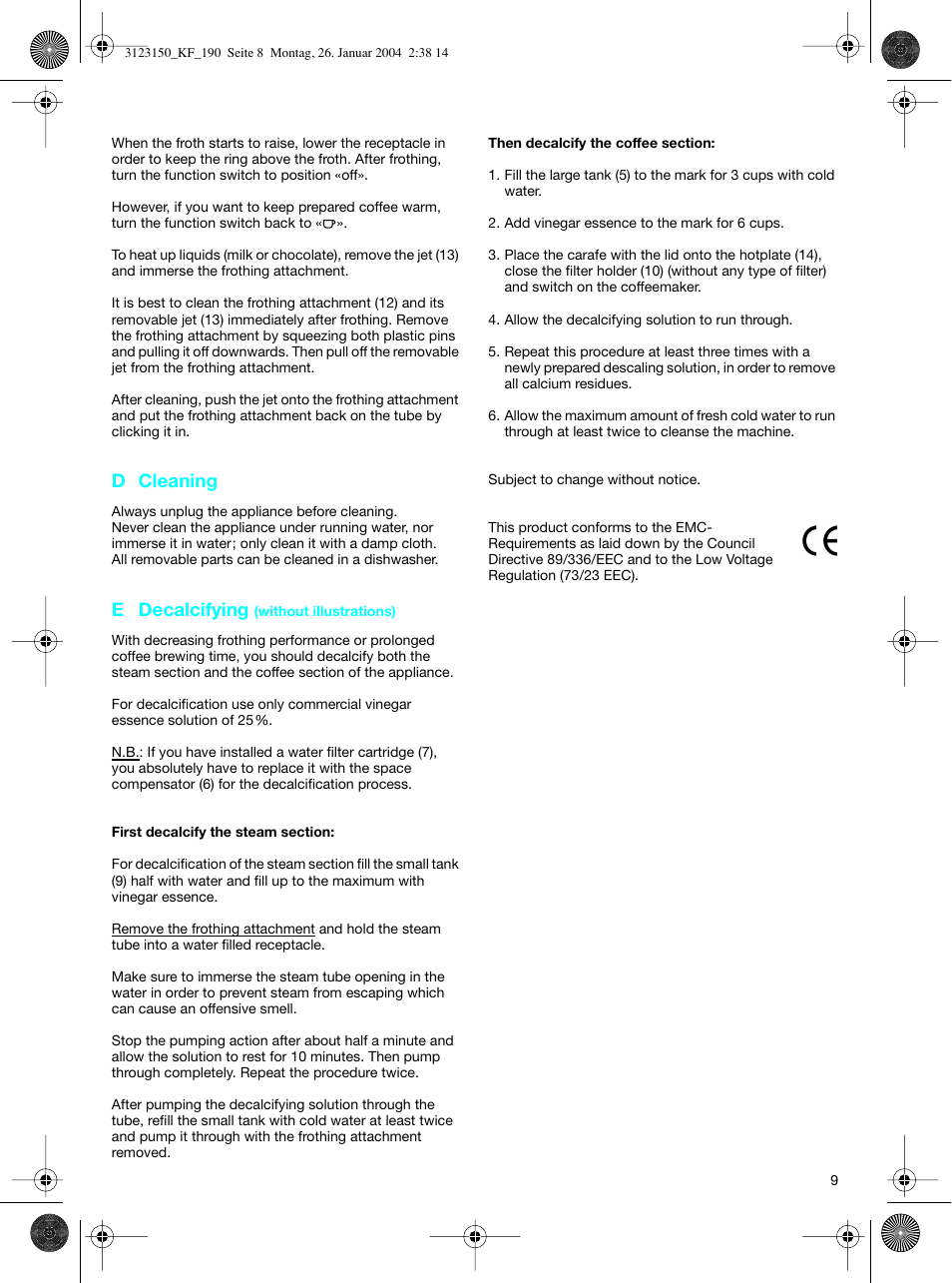 D cleaning, E decalcifying | Braun KF 190 User Manual | Page 8 / 40