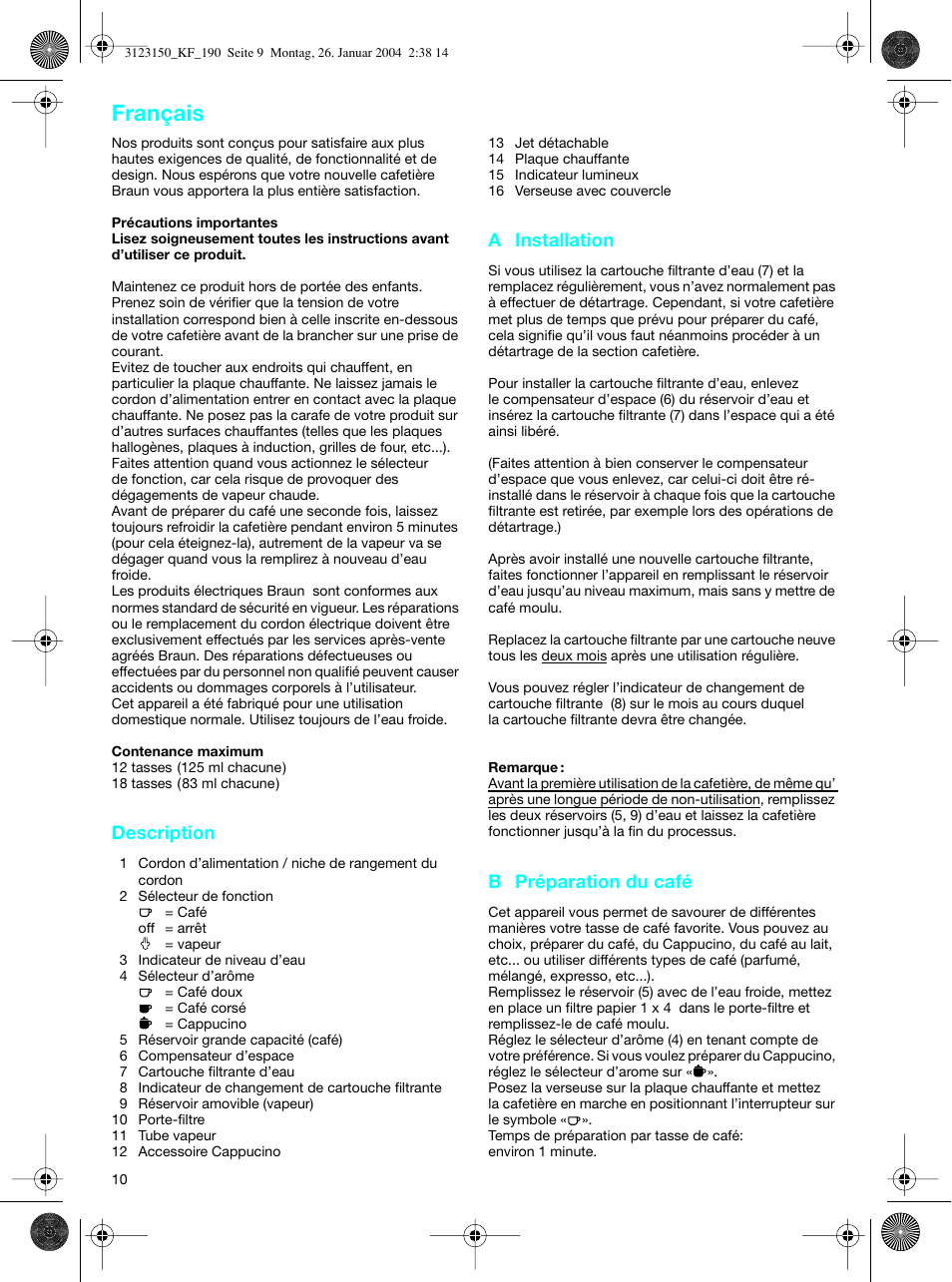 Français | Braun KF 190 User Manual | Page 9 / 40