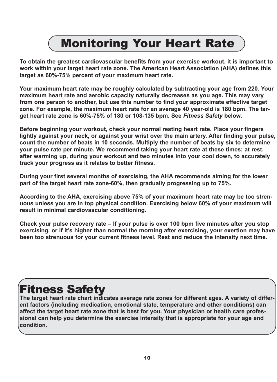 Monitoring your heart rate, Fitness safety | Keys Fitness DCV5.2U User Manual | Page 11 / 14