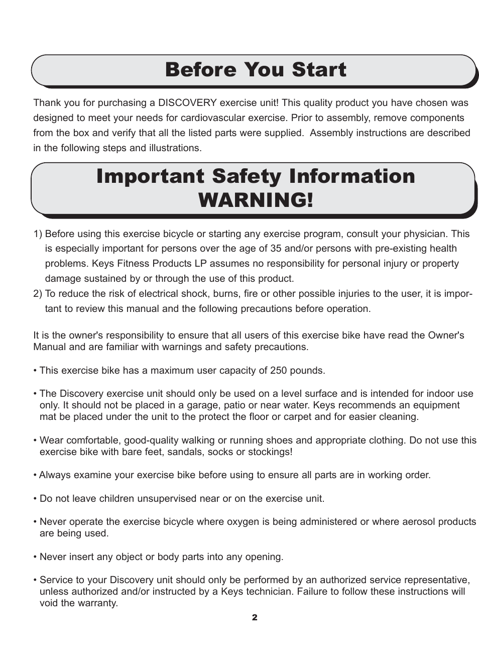 Before you start, Important safety information warning | Keys Fitness DCV5.2U User Manual | Page 3 / 14