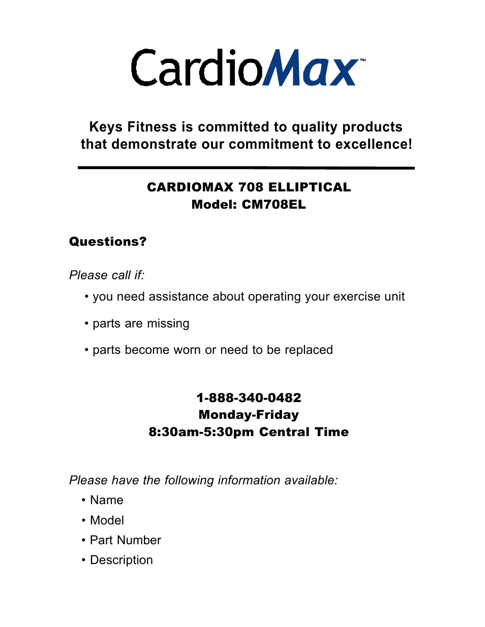 Keys Fitness CardioMax CM708EL User Manual | Page 2 / 20