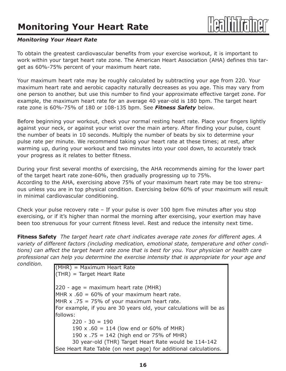 Monitoring your heart rate | Keys Fitness Health Trainer CLASSIC HT-CLASSIC User Manual | Page 16 / 29