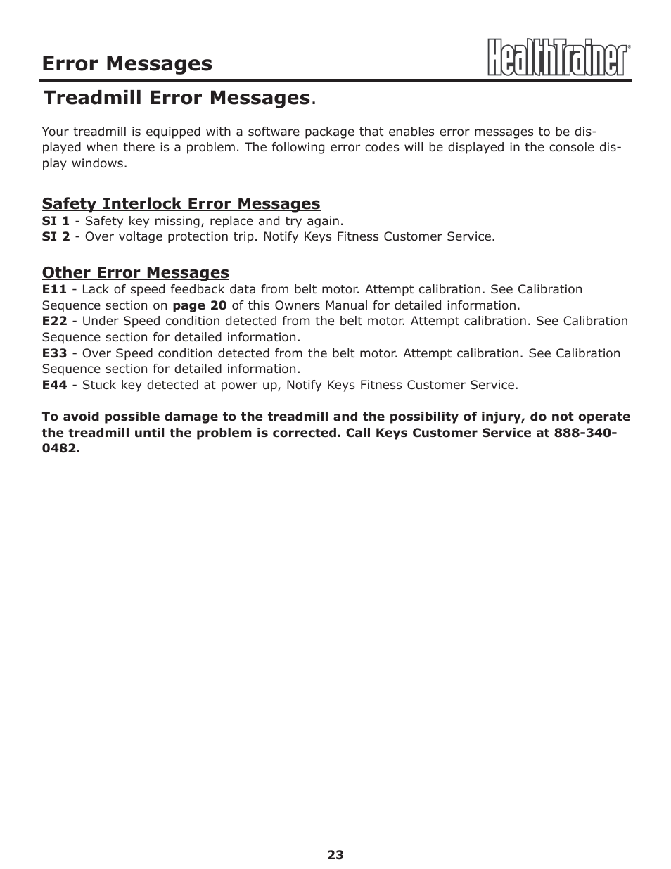 Error messages, Treadmill error messages | Keys Fitness Health Trainer CLASSIC HT-CLASSIC User Manual | Page 23 / 29