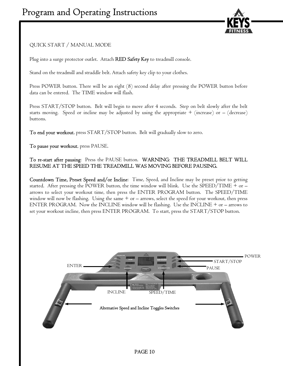 Program and operating instructions | Keys Fitness MS1200GT User Manual | Page 10 / 20