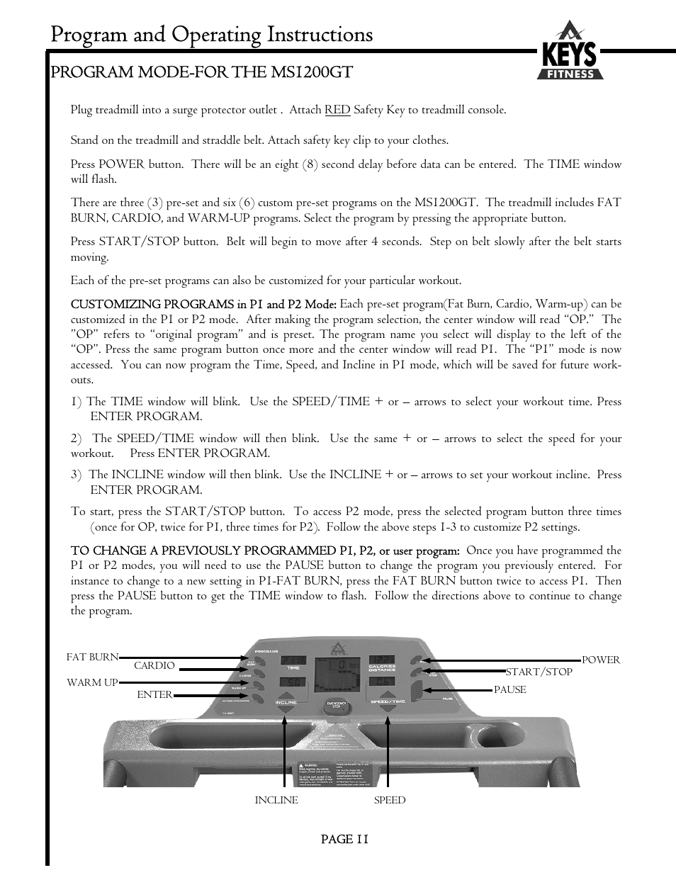 Program and operating instructions, Program mode-for the ms1200gt | Keys Fitness MS1200GT User Manual | Page 11 / 20