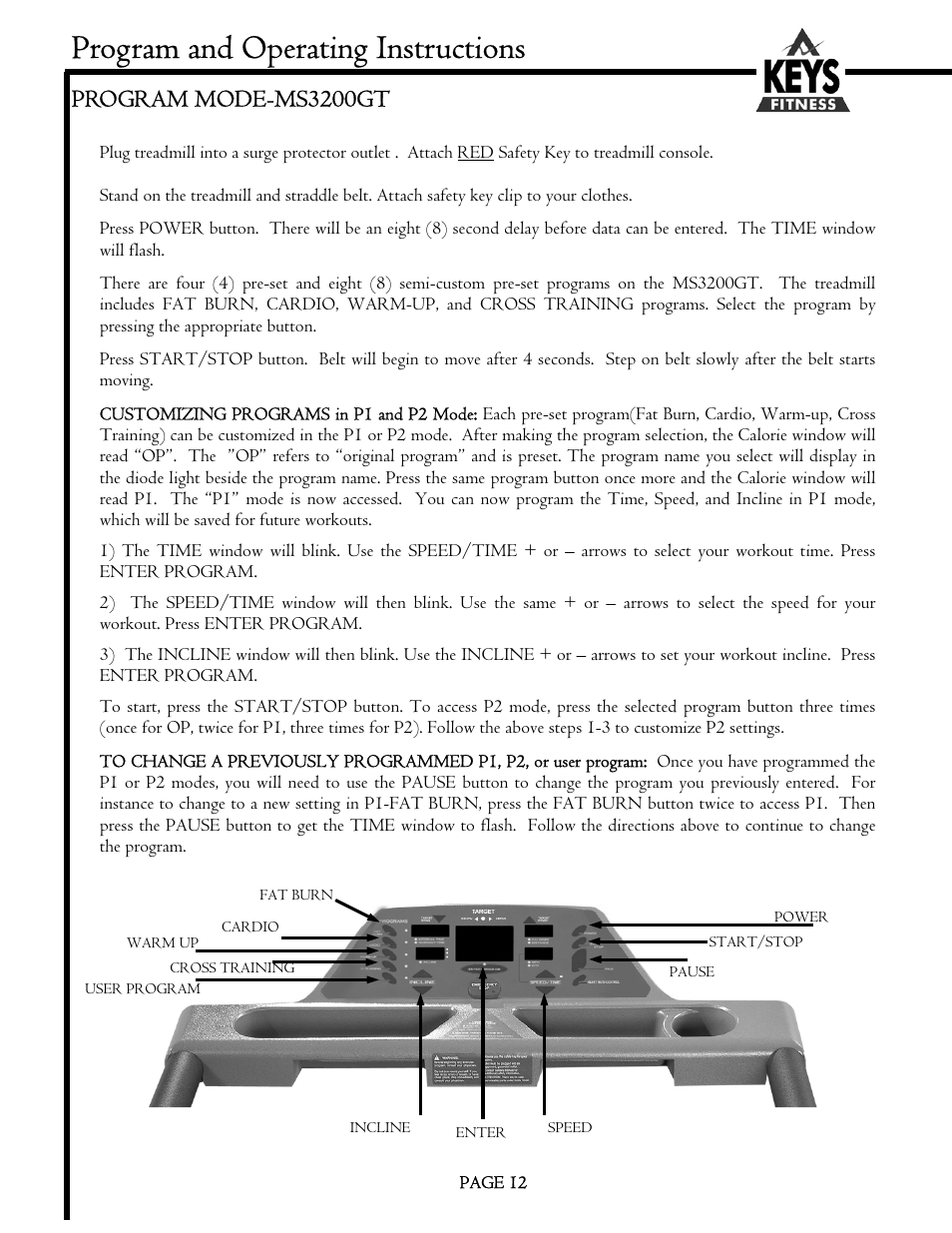 Program and operating instructions, Program mode-ms3200gt | Keys Fitness MS1200GT User Manual | Page 12 / 20