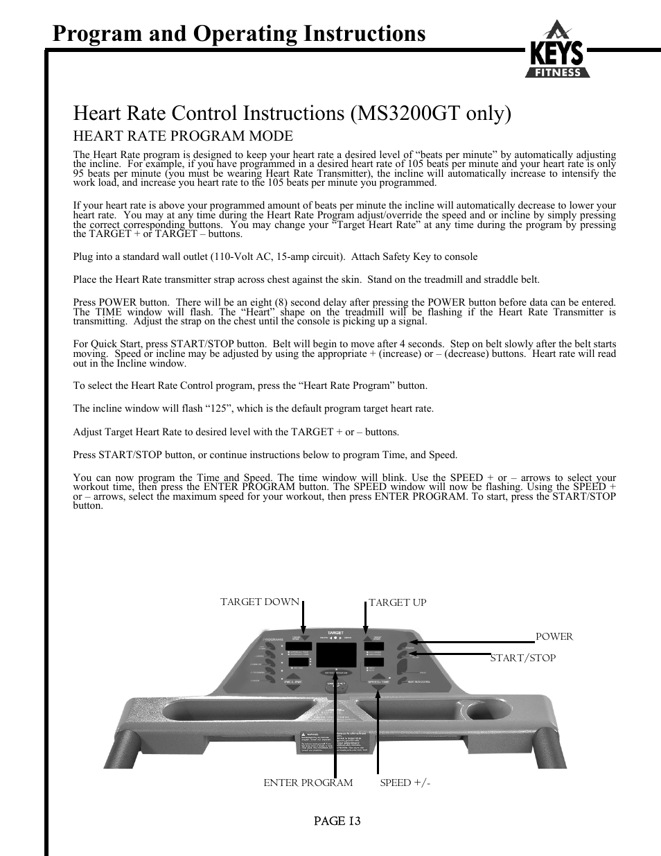 Program and operating instructions, Heart rate control instructions (ms3200gt only), Heart rate program mode | Keys Fitness MS1200GT User Manual | Page 13 / 20