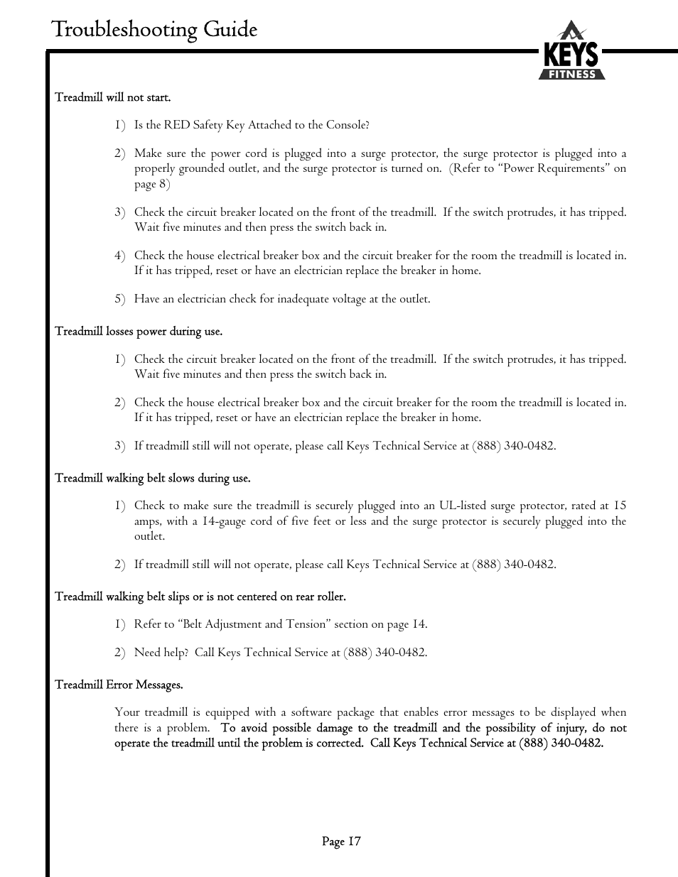 Troubleshooting guide | Keys Fitness MS1200GT User Manual | Page 17 / 20