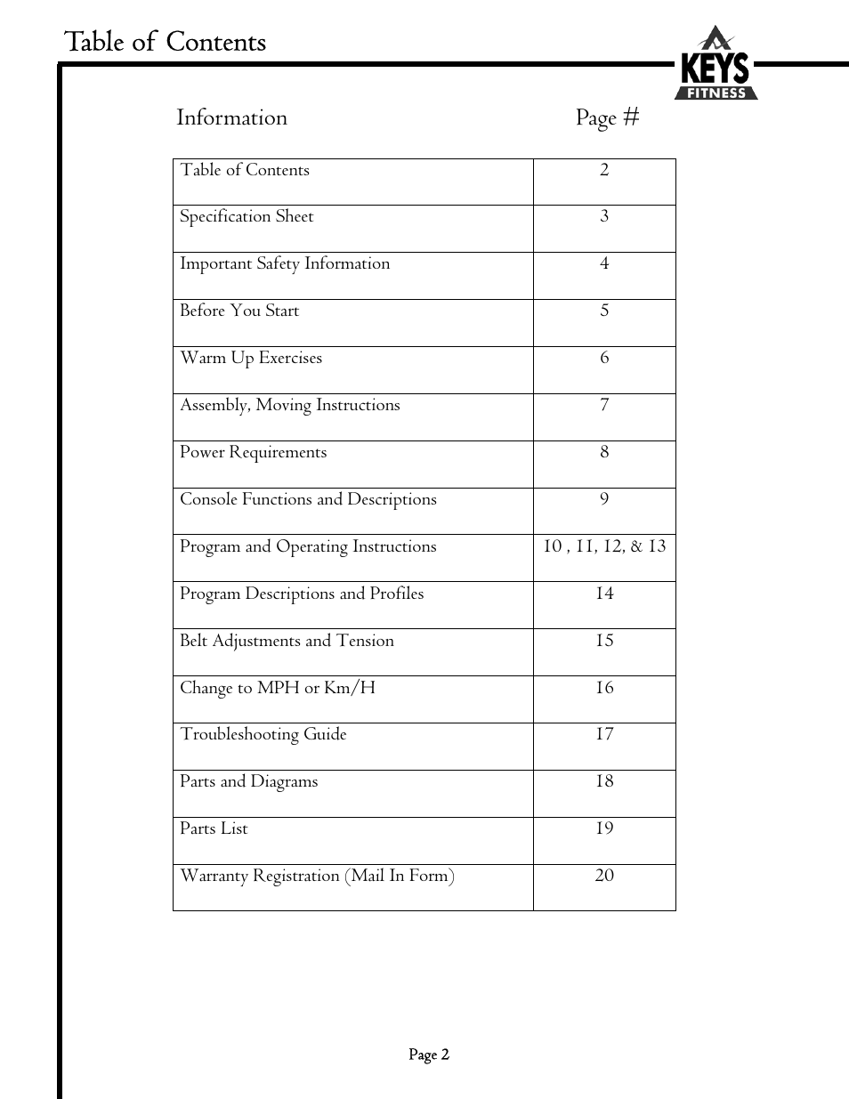 Keys Fitness MS1200GT User Manual | Page 2 / 20