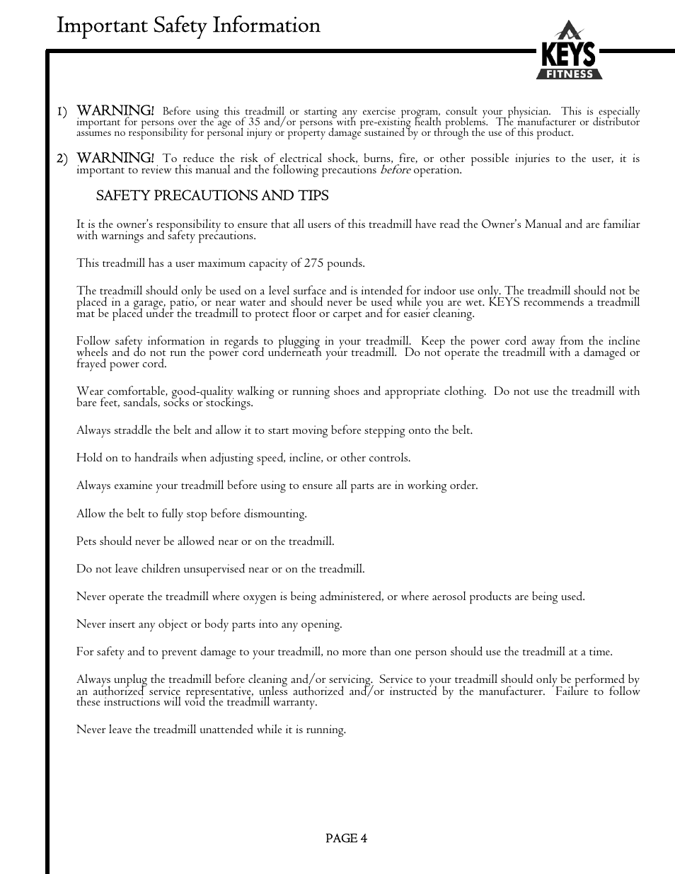 Important safety information | Keys Fitness MS1200GT User Manual | Page 4 / 20