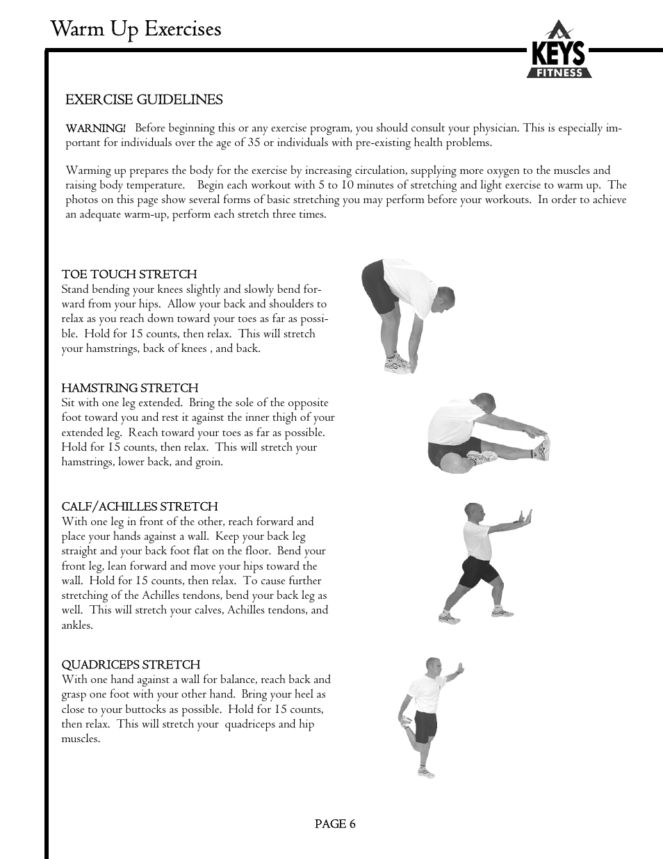 Warm up exercises | Keys Fitness MS1200GT User Manual | Page 6 / 20