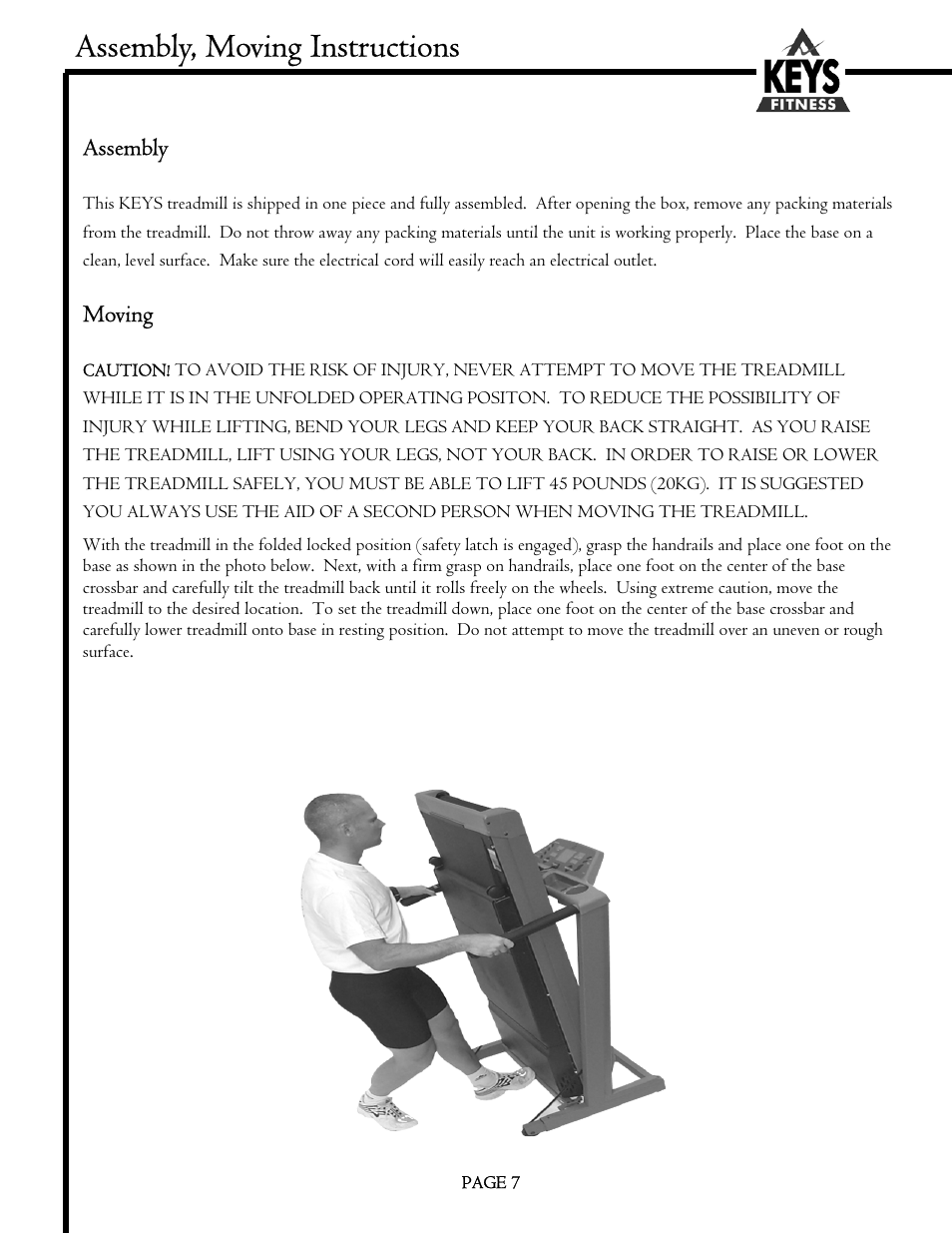 Assembly, moving instructions | Keys Fitness MS1200GT User Manual | Page 7 / 20