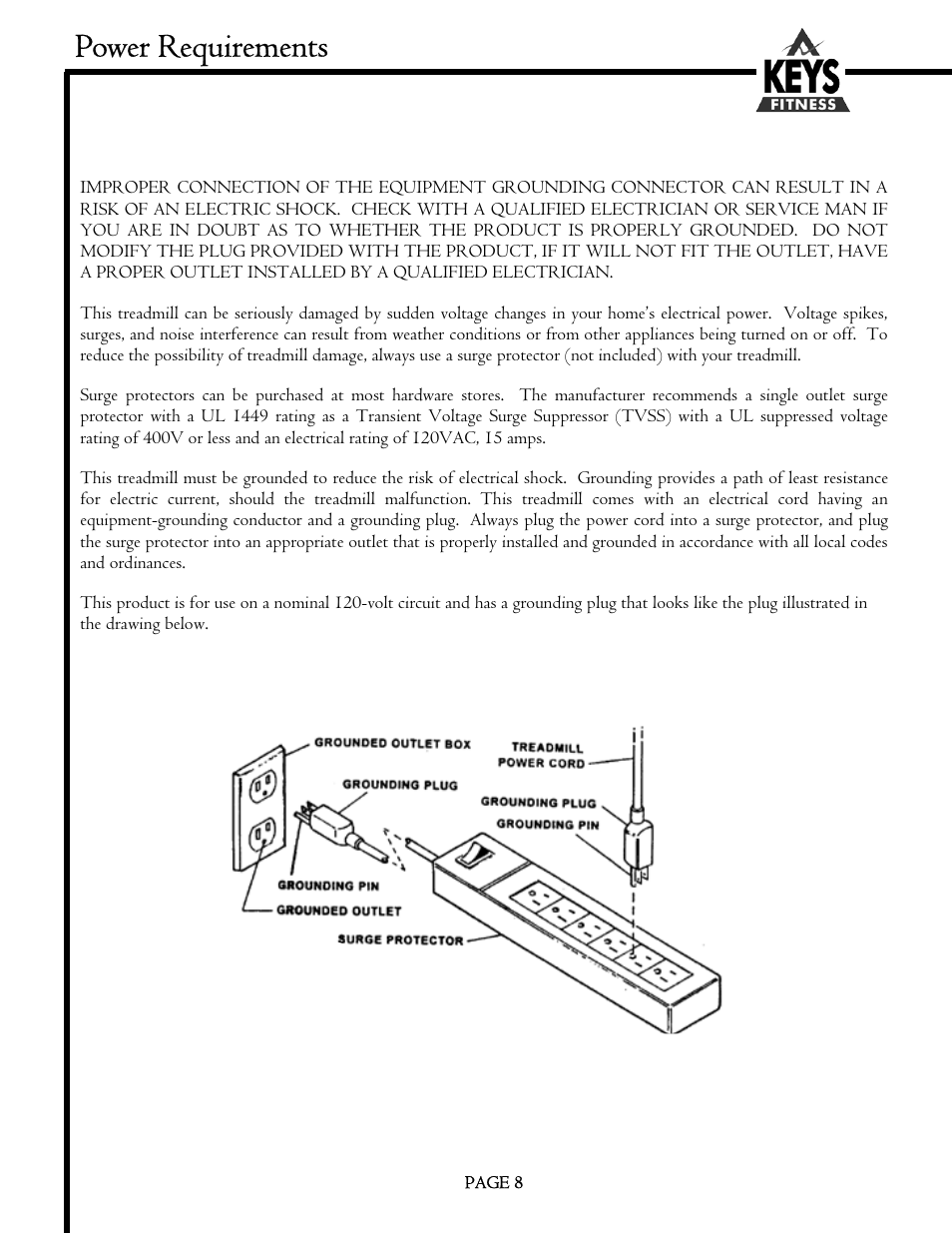 Power requirements | Keys Fitness MS1200GT User Manual | Page 8 / 20