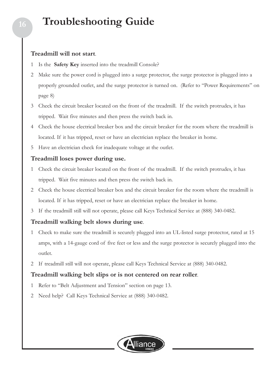 Troubleshooting guide | Keys Fitness ALL800 User Manual | Page 16 / 20