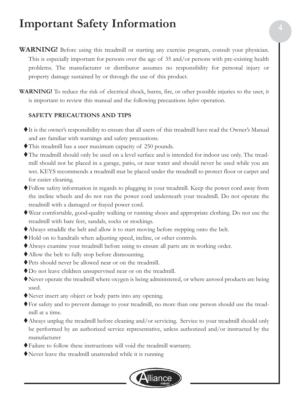 Important safety information | Keys Fitness ALL800 User Manual | Page 4 / 20
