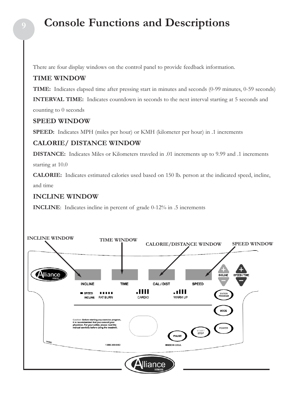 Console functions and descriptions | Keys Fitness ALL800 User Manual | Page 9 / 20