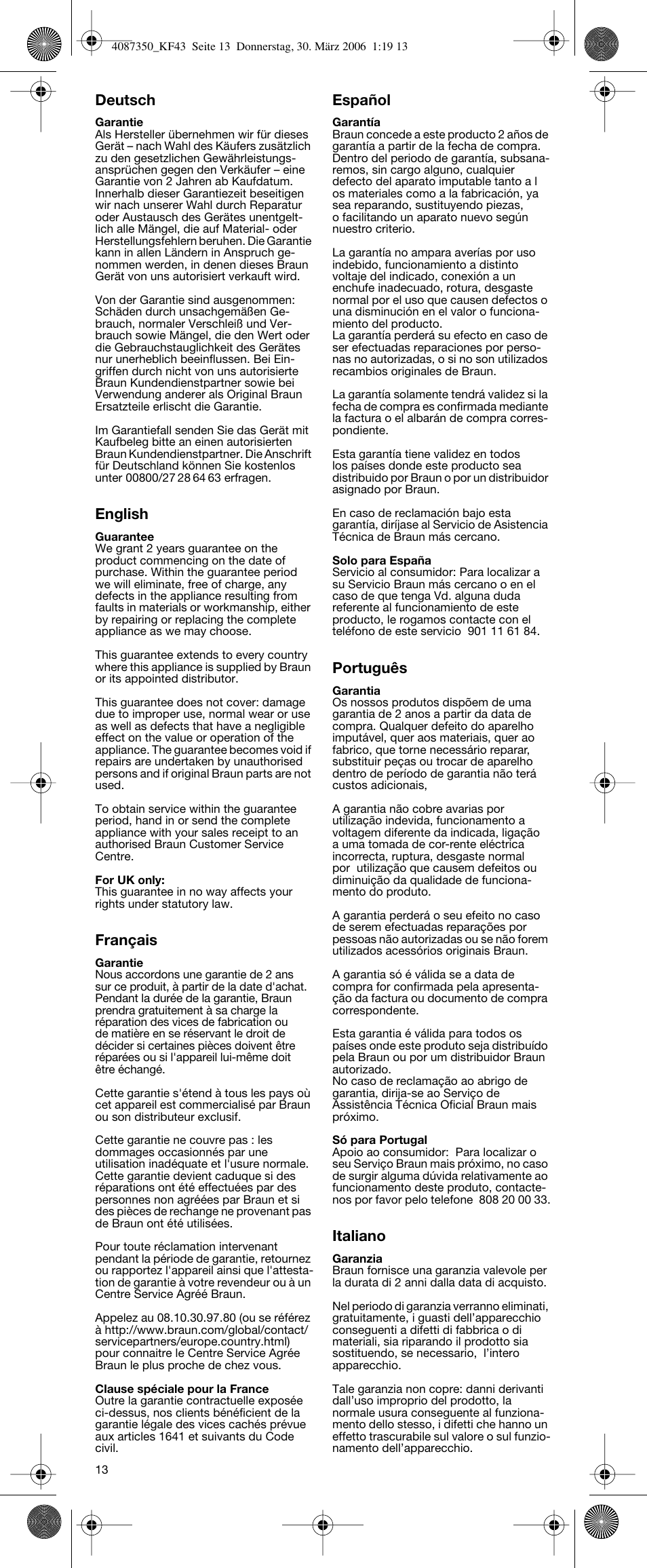 Deutsch, English, Français | Español, Português, Italiano | Braun KF 63 User Manual | Page 13 / 15