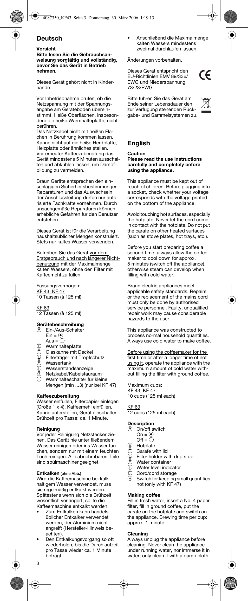 Deutsch, English | Braun KF 63 User Manual | Page 3 / 15