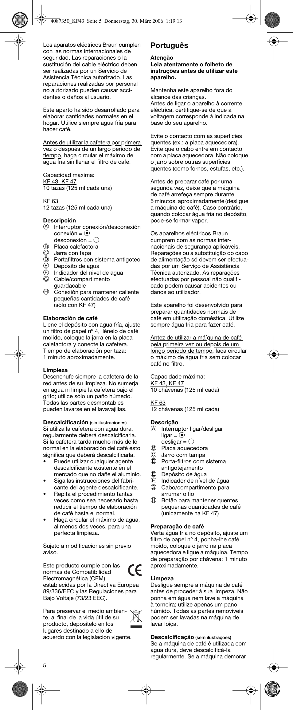Português | Braun KF 63 User Manual | Page 5 / 15