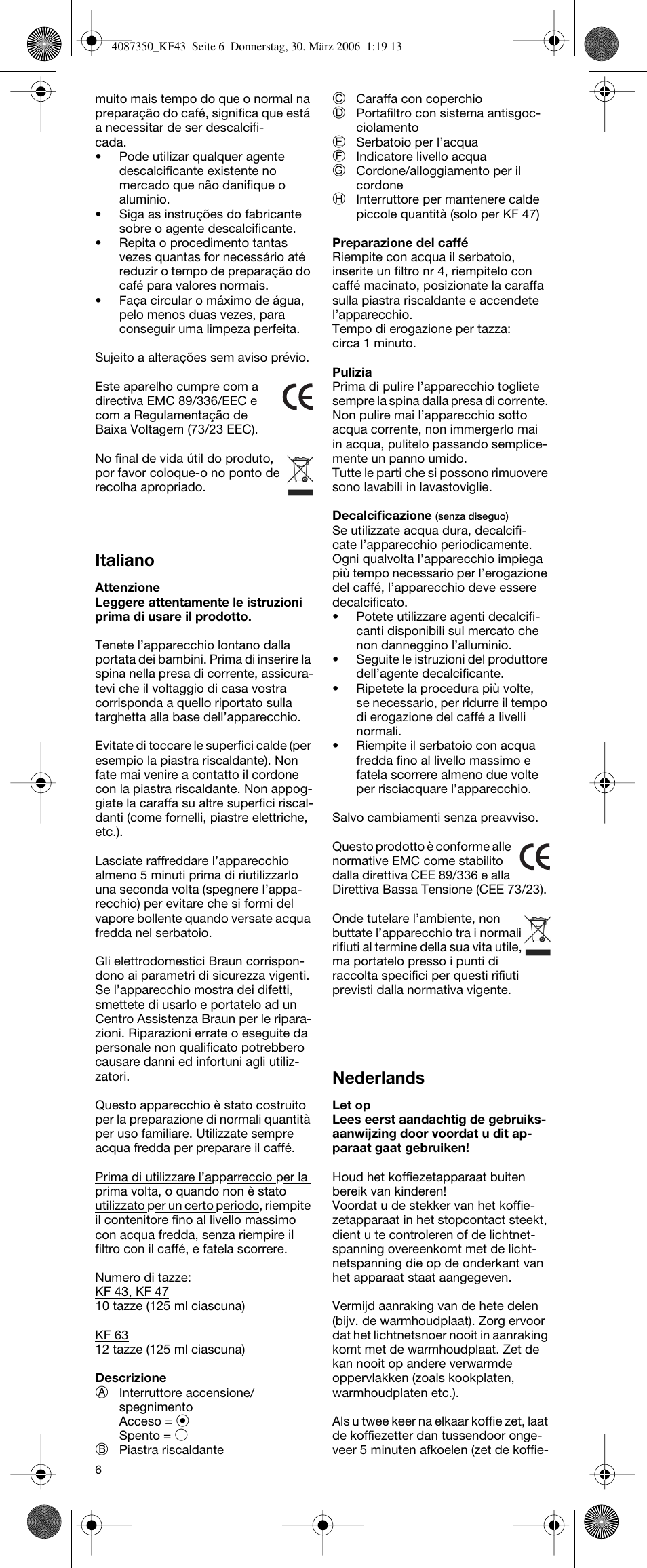 Italiano, Nederlands | Braun KF 63 User Manual | Page 6 / 15